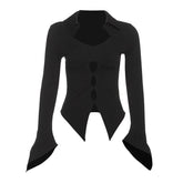Turnover collar long flared sleeve hollow out cut out top