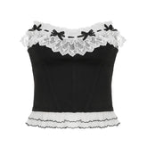Lace hem bowknot ruffle tube top