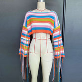 Long sleeve tassels contrast crop top
