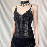 Lace hem print backless cami top