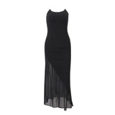 U neck mesh patchwork lace up maxi dress