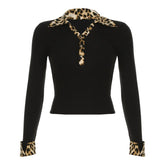 Turnover collar button long sleeve leopard print patchwork top