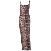 Leopard print u neck bowknot slit cami maxi skirt set