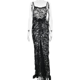 U neck flower applique lace backless cami maxi dress