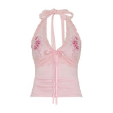 Halter embroidery bowknot lace hem top