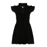 Ruffle bowknot cap sleeve zip-up velvet mini dress