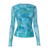 Long sleeve mesh ruched contrast top