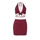 Halter v neck glitter butterfly applique mini skirt set
