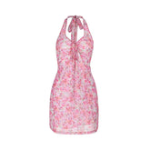 Halter flower print hollow out cut out mini dress