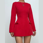 Long sleeve bowknot solid mini dress-final-sale