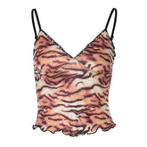 V neck tiger print ruffle cami top