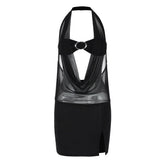 Halter mesh patchwork slit mini dress