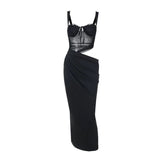 Hollow out mesh ruched cami cut out maxi dress