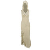 Hoodie sheer mesh slit ruffle maxi dress