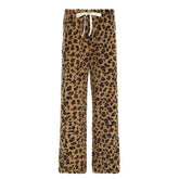 Drawstring leopard print fluffy low rise straight leg pant