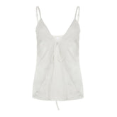 Self tie lace hem satin deep V neck cami top