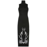 High neck slit abstract contrast midi dress