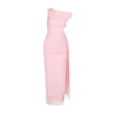 Off shoulder mesh slit ruched maxi dress