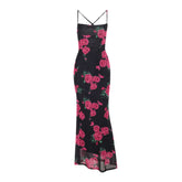 Flower print cross back mesh cami maxi dress