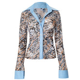 Turnover collar leopard print mesh button top