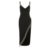 Beaded v neck irregular slit cami midi dress