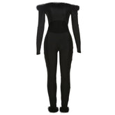 Long sleeve off shoulder feather hollow out jumpsuit