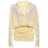 Turnover collar long sleeve button knotted mini dress