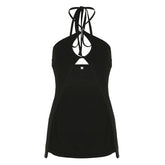 Hollow out halter self tie slit solid cut out top