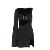 Long sleeve irregular slit hollow out cut out mini dress