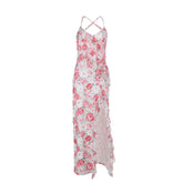 Cross back v neck slit ruffle flower print maxi dress