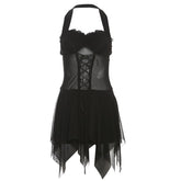 Halter ruffle mesh lace up mini dress