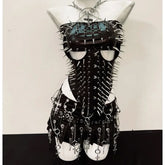 Metal chain rivet applique corset pleated mini skirt set