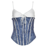 V neck lace hem self tie cami top