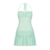 Halter drawstring ruched mesh mini dress