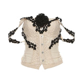 Off shoulder flower applique button top