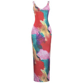 V neck ribbed print backless cami maxi dress