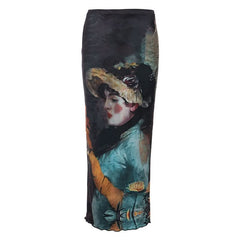 Ruffle character print contrast maxi skirt