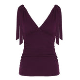 Ruched deep V neck solid self tie tank top