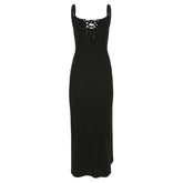 Self tie u neck hollow out ribbed slit cami cut out midi dress