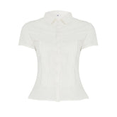 Turnover collar button pleated top
