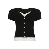Short pant v neck lace hem button top