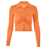 Turnover collar long sleeve ruched button crop top