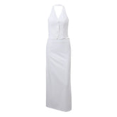 Halter v neck button knotted maxi skirt set