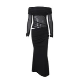Long sleeve off shoulder mesh hollow out cut out maxi dress