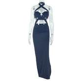 Halter o ring hollow out padded slit cut out maxi dress