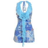 Halter contrast flower applique ruched mini dress
