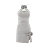 Ruched slit flower applique backless mini dress
