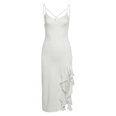 Hollow out v neck slit ruffle cami cut out midi dress