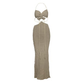 Textured halter self tie v neck hollow out cut out maxi dress