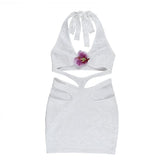 Hollow out flower applique halter self tie cut out mini dress
